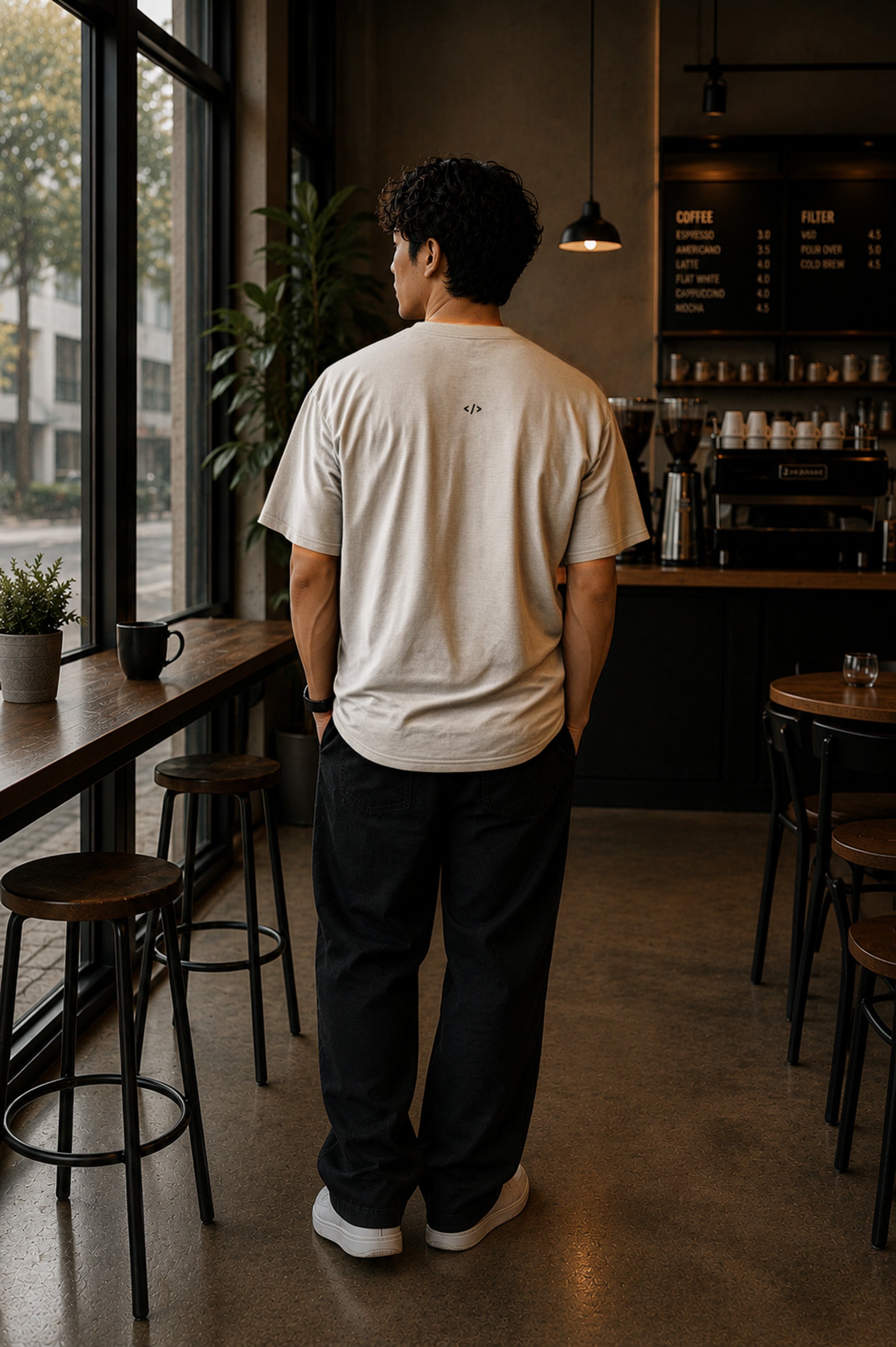Rear view of the Shevelo Merge conflict heavyweight oversized tee in Faded Bone showing the signature back graphic.