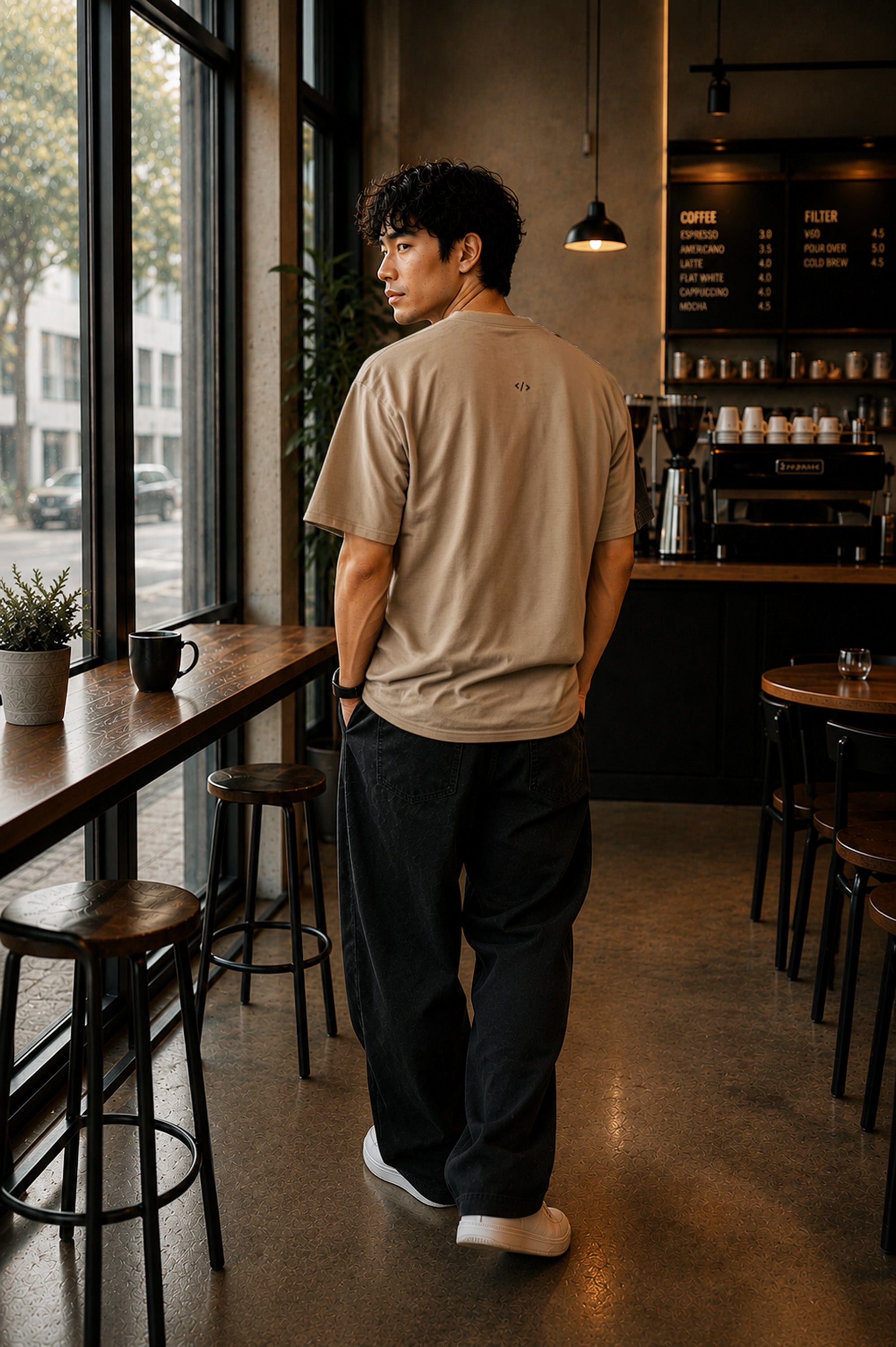 Rear view of the Shevelo Latent intent heavyweight oversized tee in Faded khaki showing the signature back graphic.