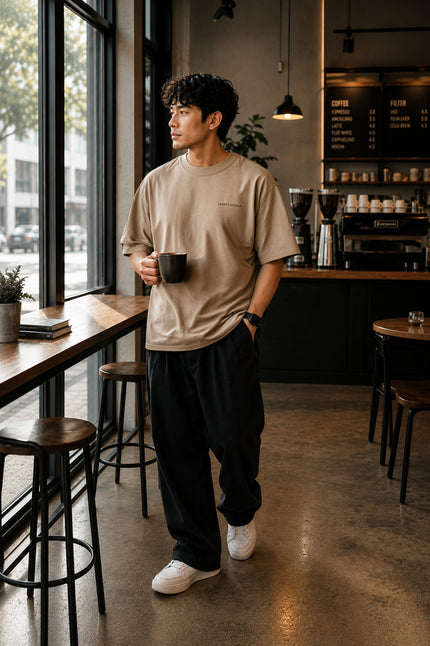 Male model wearing the Shevelo Latent intent heavyweight oversized tee in Faded Kakhi.