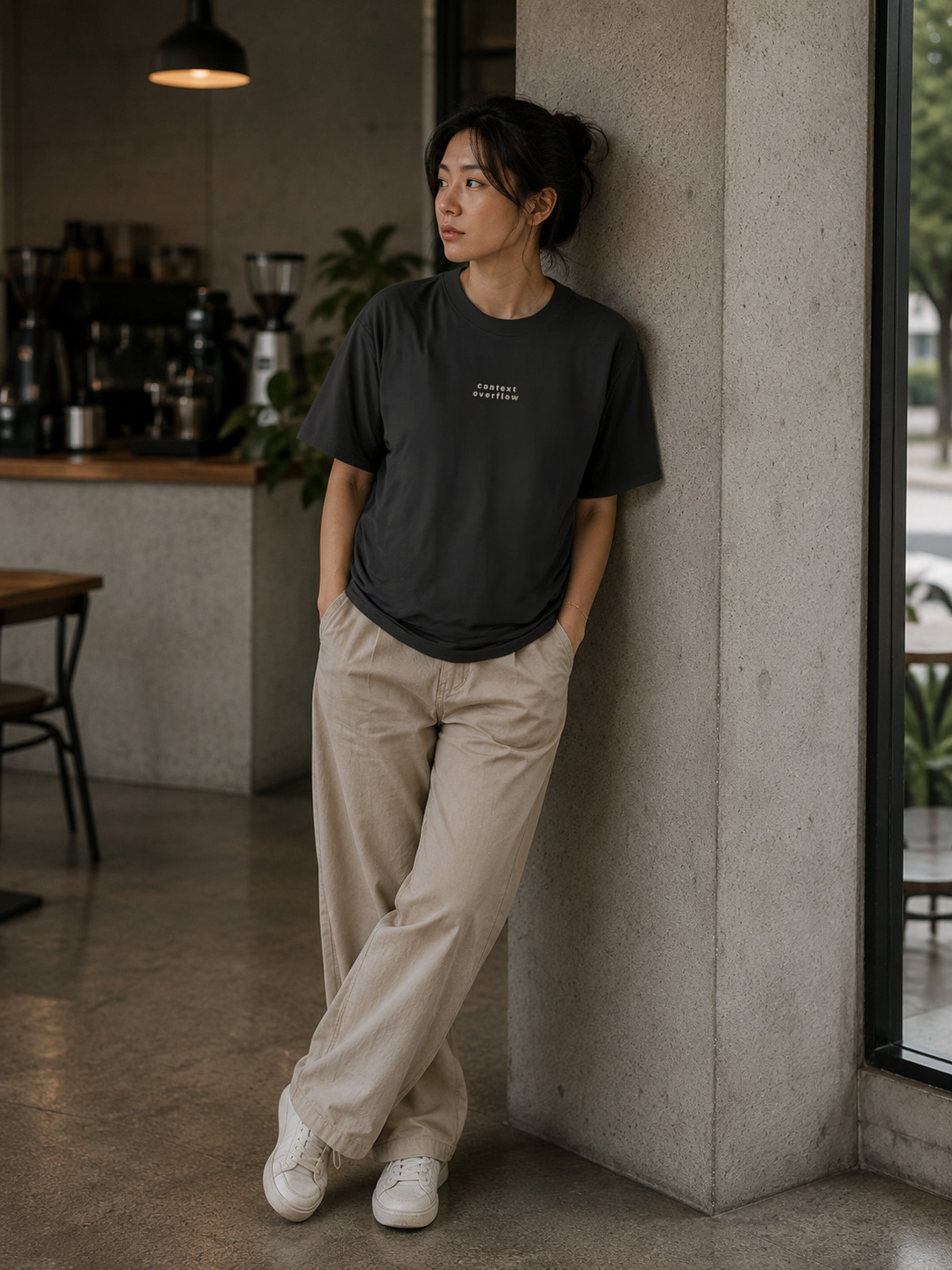 Female model wearing the Shevelo Context overflow heavyweight oversized tee in Faded black.