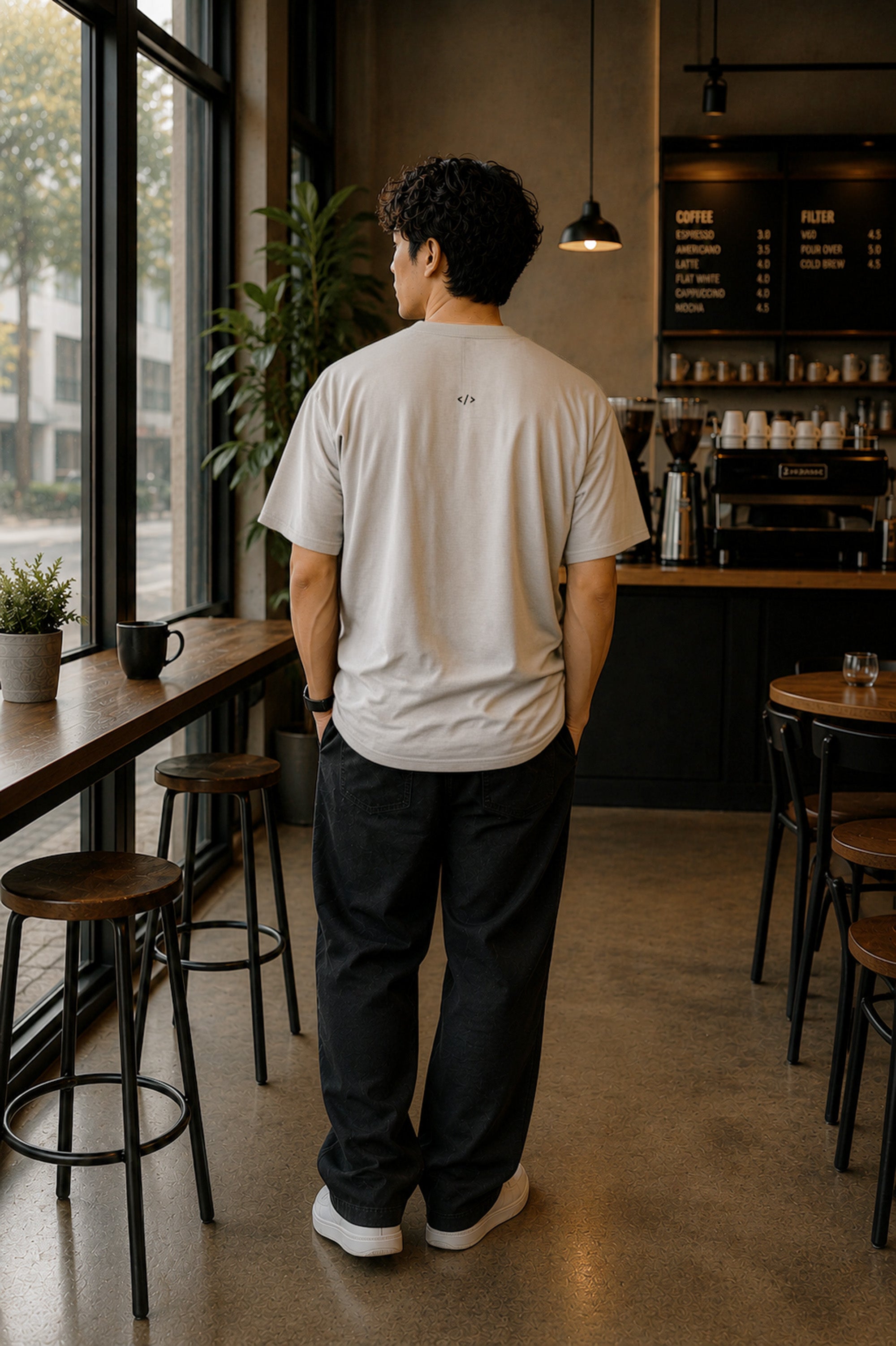 Rear view of the Shevelo Hallucination detected heavyweight oversized tee in Faded Bone showing the signature back graphic.