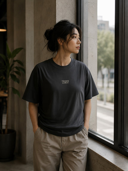 Female model wearing the Shevelo Token limit heavyweight oversized tee in Faded black.